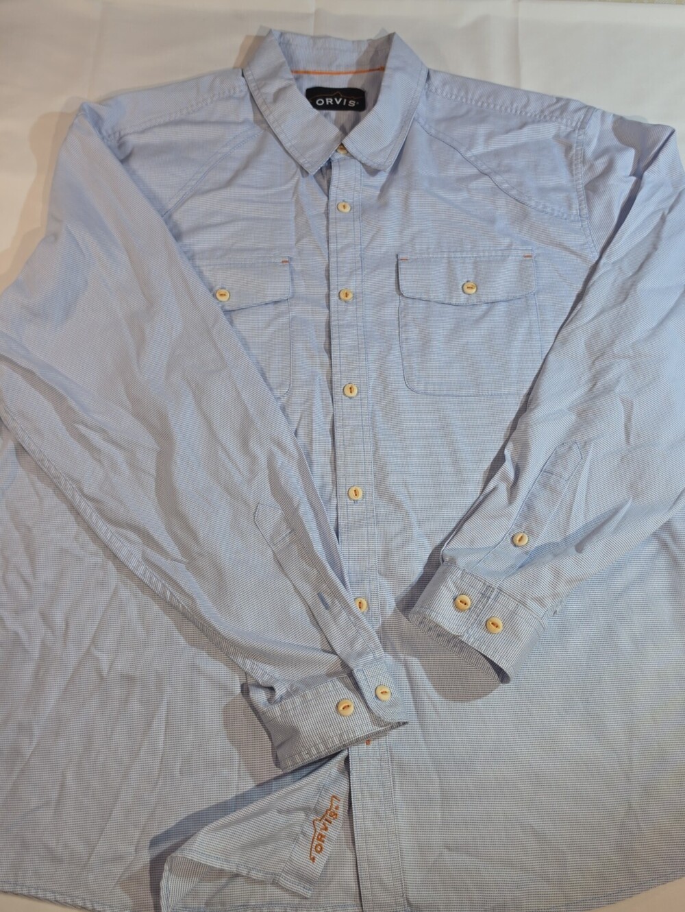 Orvis Mens Check Shirt Large Blue Orange White Cotton Long Sleeve Button Down
